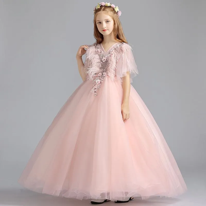 Bloem meisje 'jurken voor bruiloften appliques roze kant vloer lengte meisjes pageant kinderen formele slijtage feestjurk eerste communie kleding