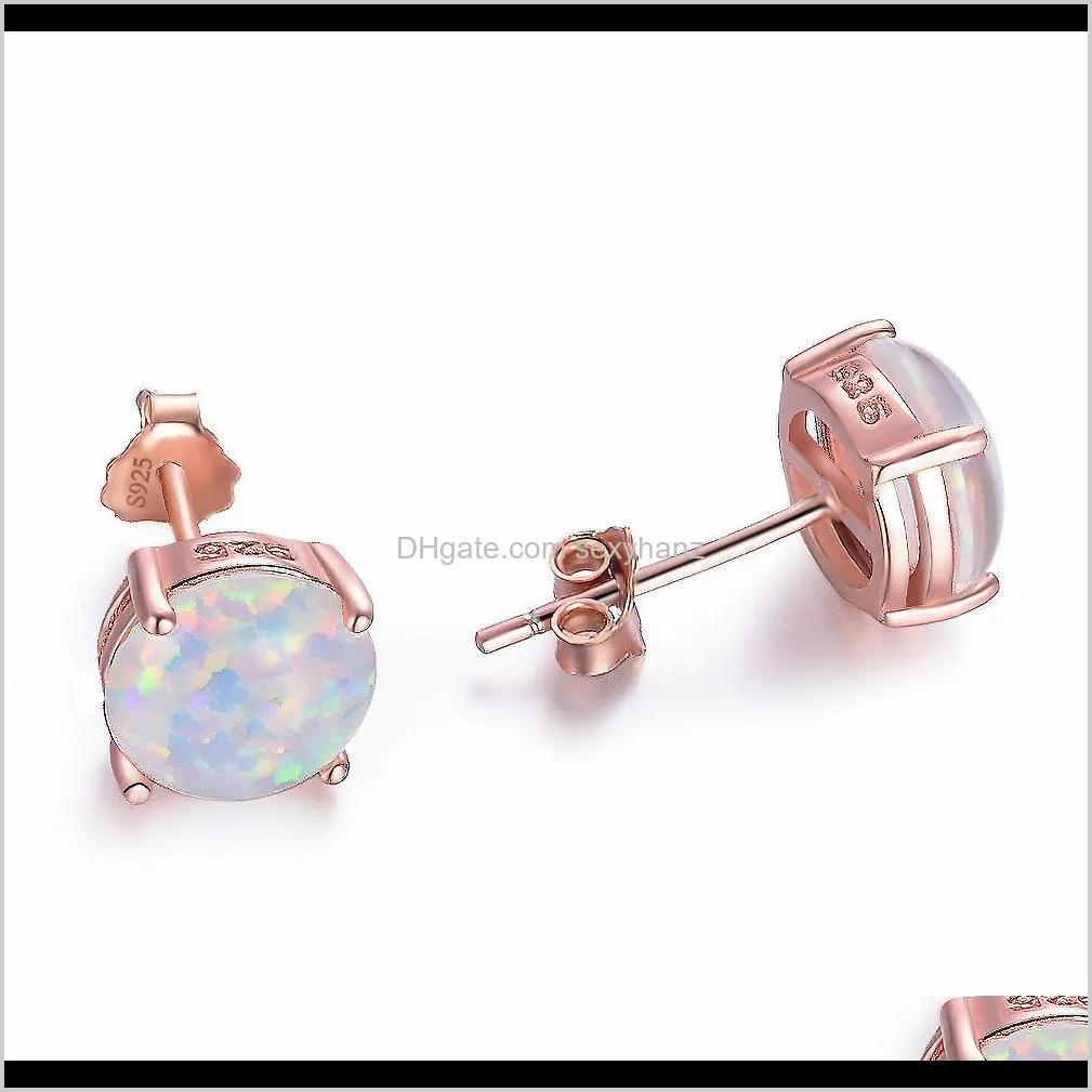 8mm round white fire opal rose gold stud earrings for women men 925 sterling silver filled birthstone earring jewelry