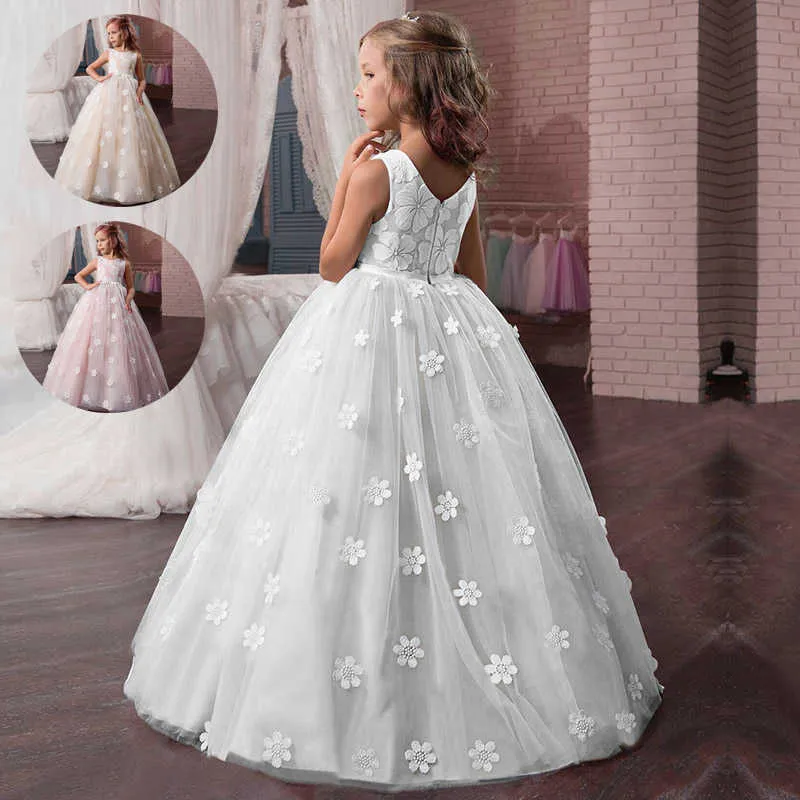 Summer White Princess Flower Girl Dress Long Wedding Party Bridesmaid Dress Ball Gown Costume Evening Kid Clothes Vestidos 8 10Y Q0716