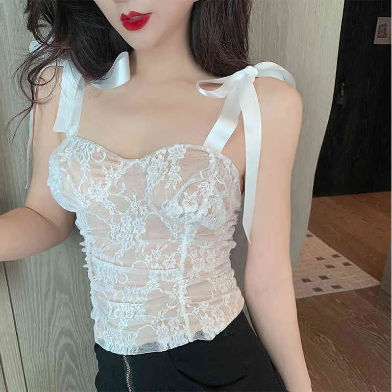 Korean Women Tank Tops Camisole Lace Silk Strap Woman Sleeveless Satin Bow Plus Size Vintage Halter 210427