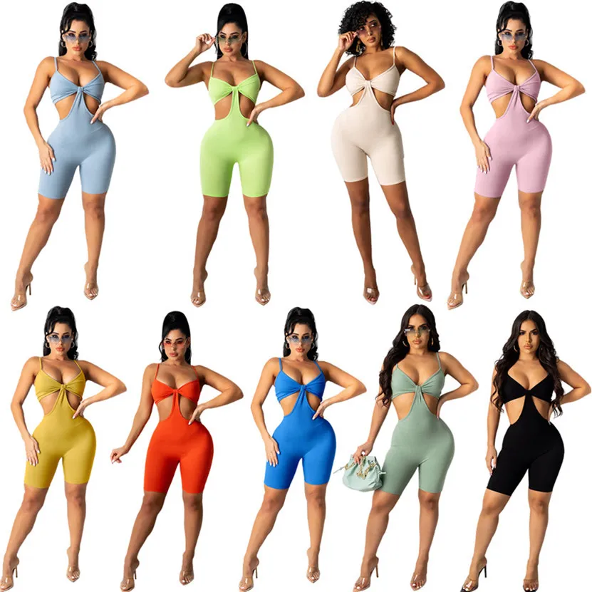 Women solid color shorts Jumpsuits plus size 2XL Rompers sexy sleeveless bodysuits Casual skinny Overalls Summer clothes black slim leggings 4785