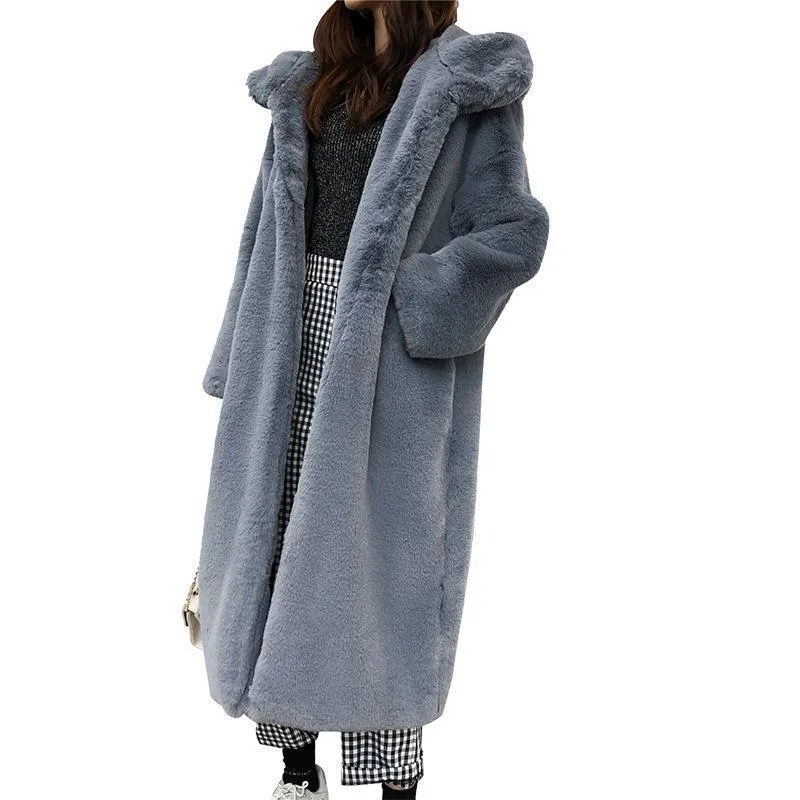 Женский меховой FUX 2021 зимний ягненок пальто толстые плюшевые женские длинные с капюшоном свободный бархатный имитация