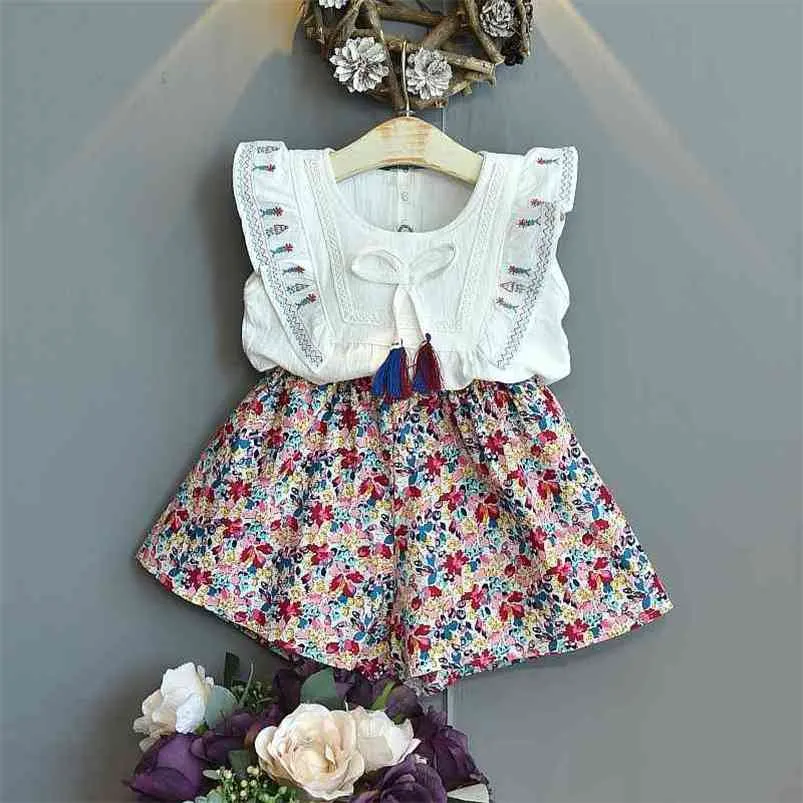 Gooporson sommar söta små tjejer kläder mode koreanska slips toassels broderi flygande ärme shirtflower shorts outfits 210715