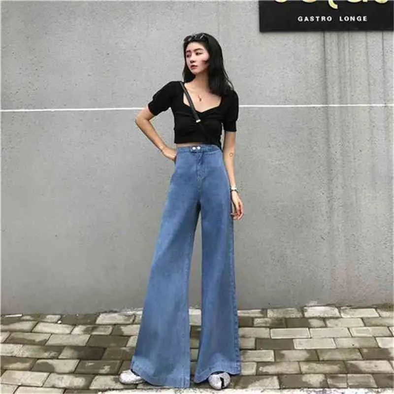 Chegada Primavera Coréia Moda Mulheres Cintura Alta Calça Jeans 80s Vintage Algodão Denim Flare Calças Feminino Loose Wide Leg S323 210512