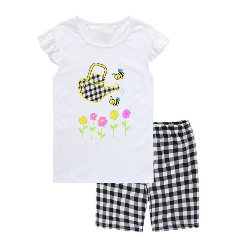Baby Girls Pijamas Ropa Traje Flor de verano Ropa para niños Vestidos para niños Abejas 2 3 4 5 6 7 años Camisa de algodón Pantalón a cuadros 210413