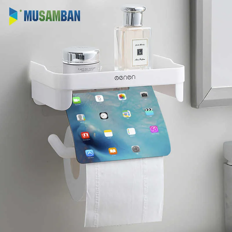 MUSAMBAN Toilet Paper Holder Wall Mount Towel Rack Multi-Function Roll Tissue Shelf WC Bathroom Accessories 210709