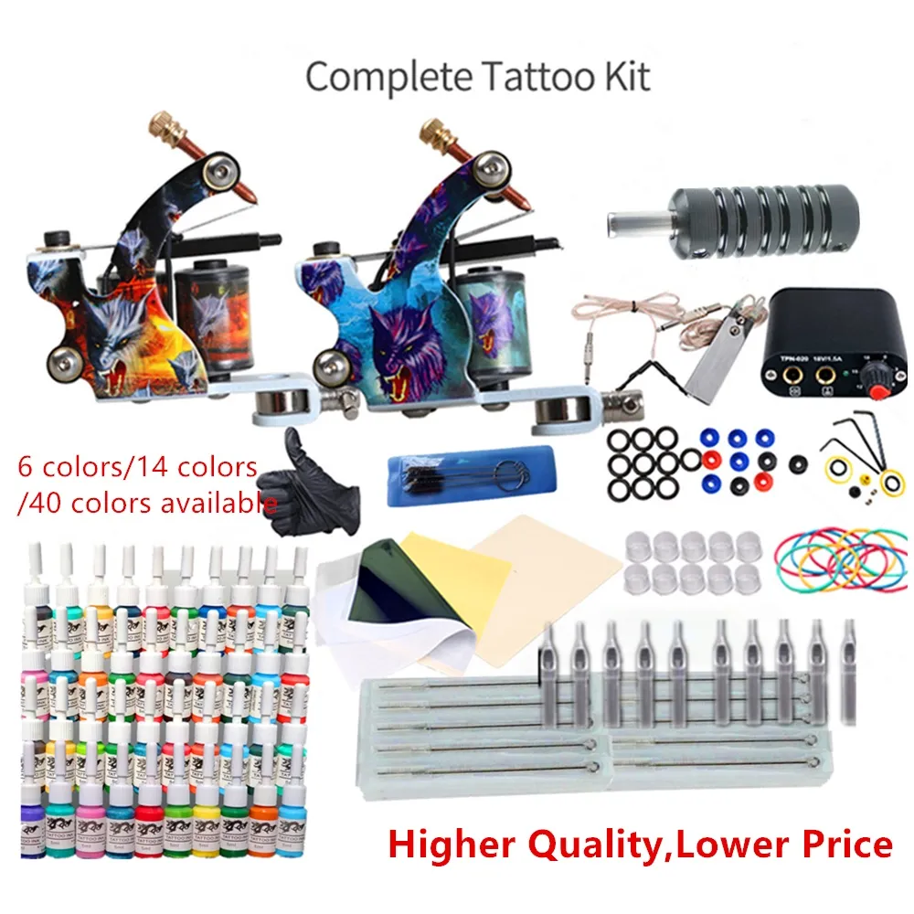 Tattoo Kit Machine Gun 6/14/40 Kleuren Inkt Wegwerpbenodigdheden Mini Voeding Set Beginner Tatoeëren Kits body Art Accessoires