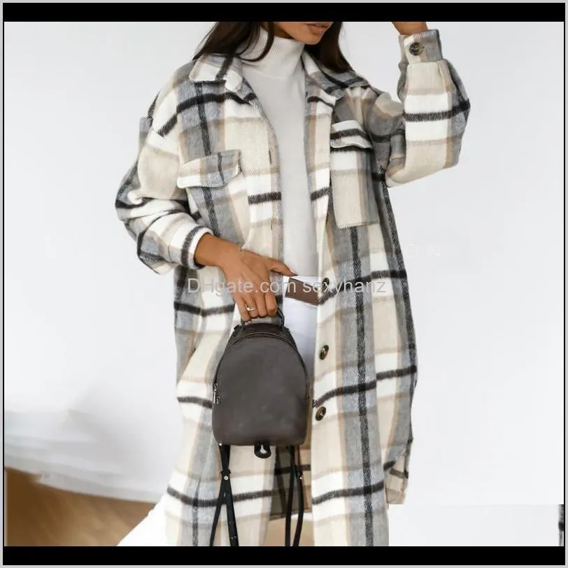 2021 new arrivals winter checked women jacket down overcoat warm plaid long coat oversize thick woolen blends female streetwear