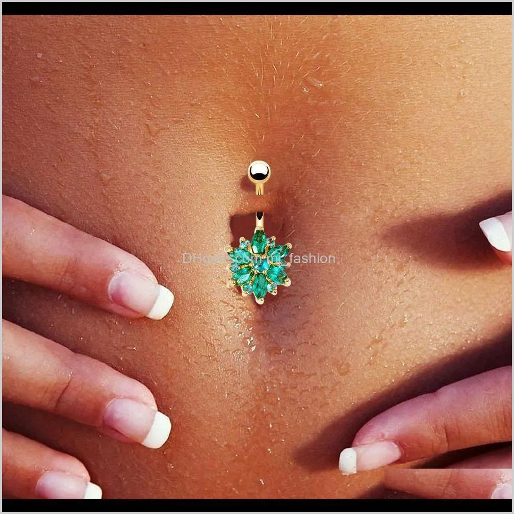 316l stainless steel green flower crystal navel bars gold belly button ring navel piercing jewelry