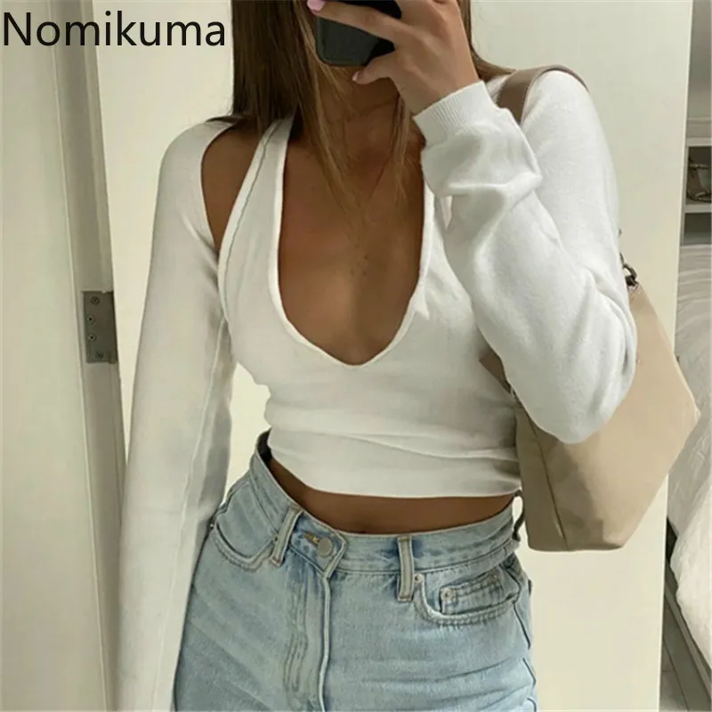 Nomikuma Women Knitted Sets Lace Up Halter Sling Vest + Long Sleeve Sweater Cardigan Coat Spring New Sexy Short Suits 6E188 210427