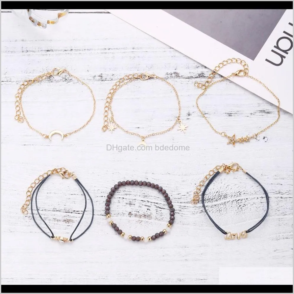 bracelets set bead strands rope metal chain moon star charm with imitation diamond love letter accessory gold plated