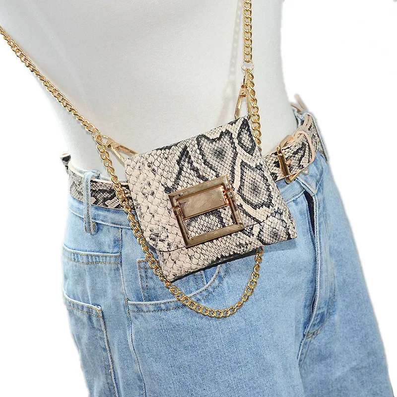 Cinture con motivo pitone serpente europeo americano Cintura versatile per donna con catena in metallo e mini portafoglio