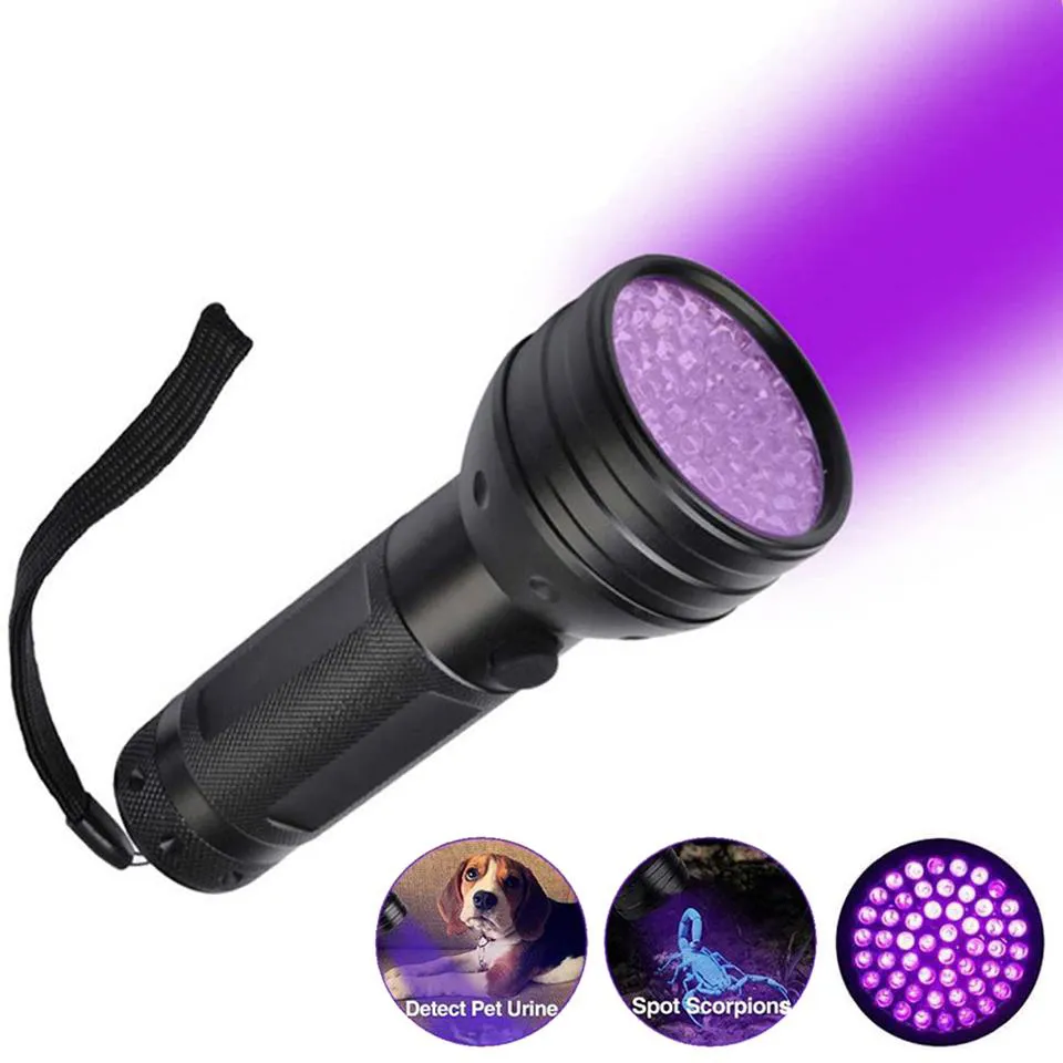 Torcia UV a LED 51Leleds 395nm Ultra Violet Mini Torch Scorpion Pet ORINE Stains Detector Uso 3 * AA Rilevamento della batteria Torcia elettrica