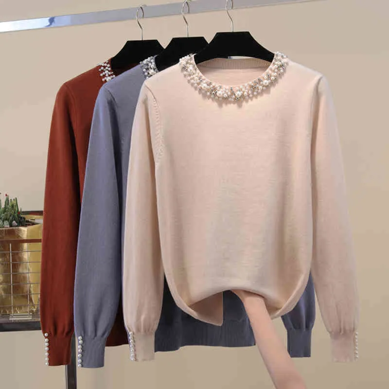 Elegante trui herfst winter vrouwen kralen trui jumper top losse casual warm femme breien oversized shirt 210420