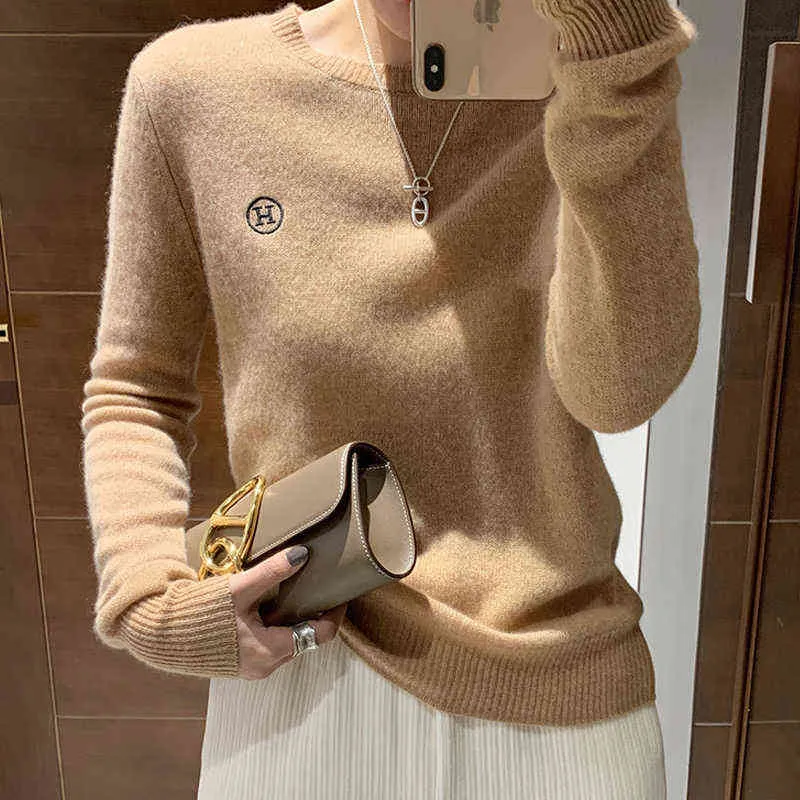 Женщины дизайнерский свитер женский длинный рукав Crewneck Cashmere Chic Pullover черный белый с буквой H теплый джемпер
