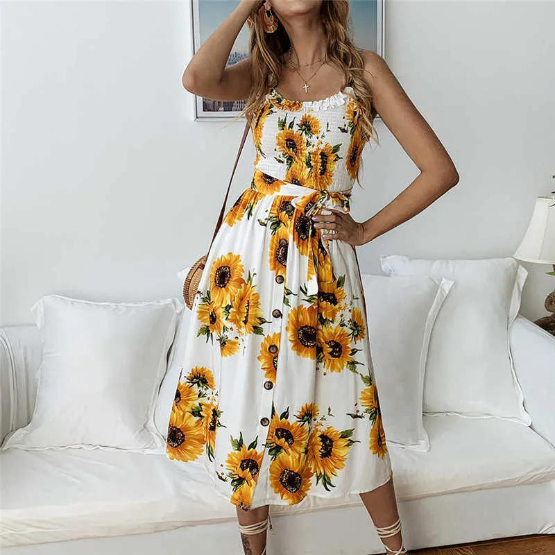 Leviortin Designer Sunflower Dress Beach 2019 Summer Button Down Dress for Women Elastic Chest Strapless Print Flower Dress (11)