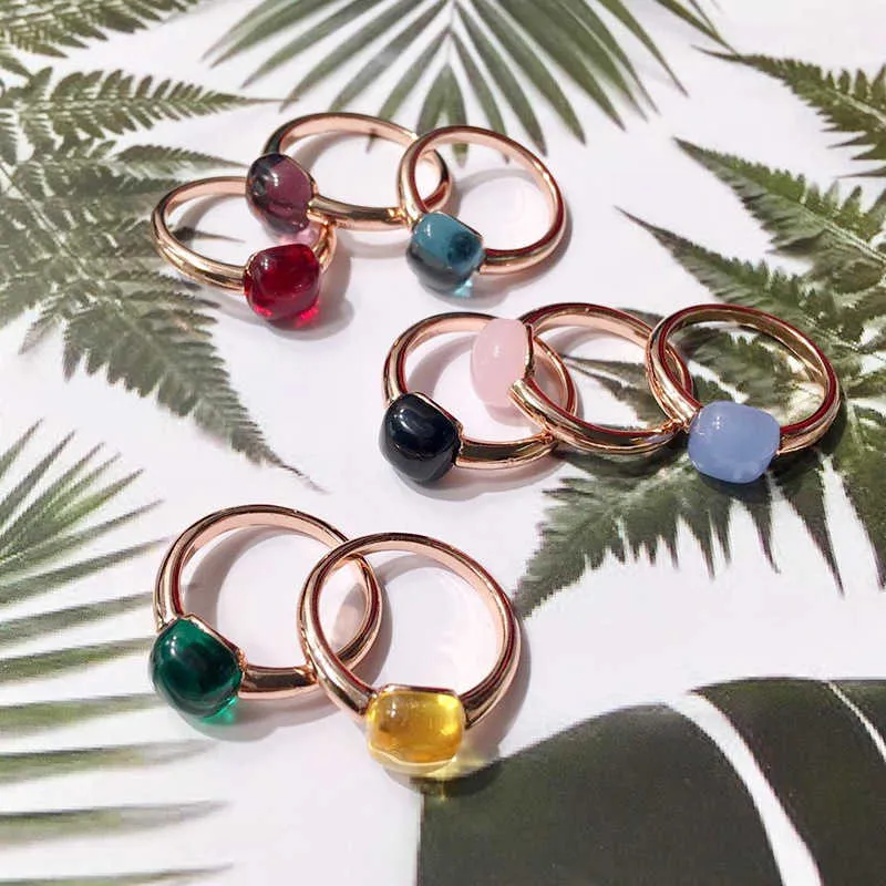 Colorful Faceted Square Crystal Nudo Ring With Micro Zircon