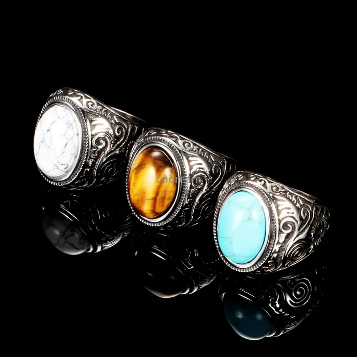 UPDATE Ancient Silver Turquoise Stone Ring Stainless Steel Chunky Band Retrol Floral Solitaire Rings for Men Women Fashion Jewelry Will and Sandy
