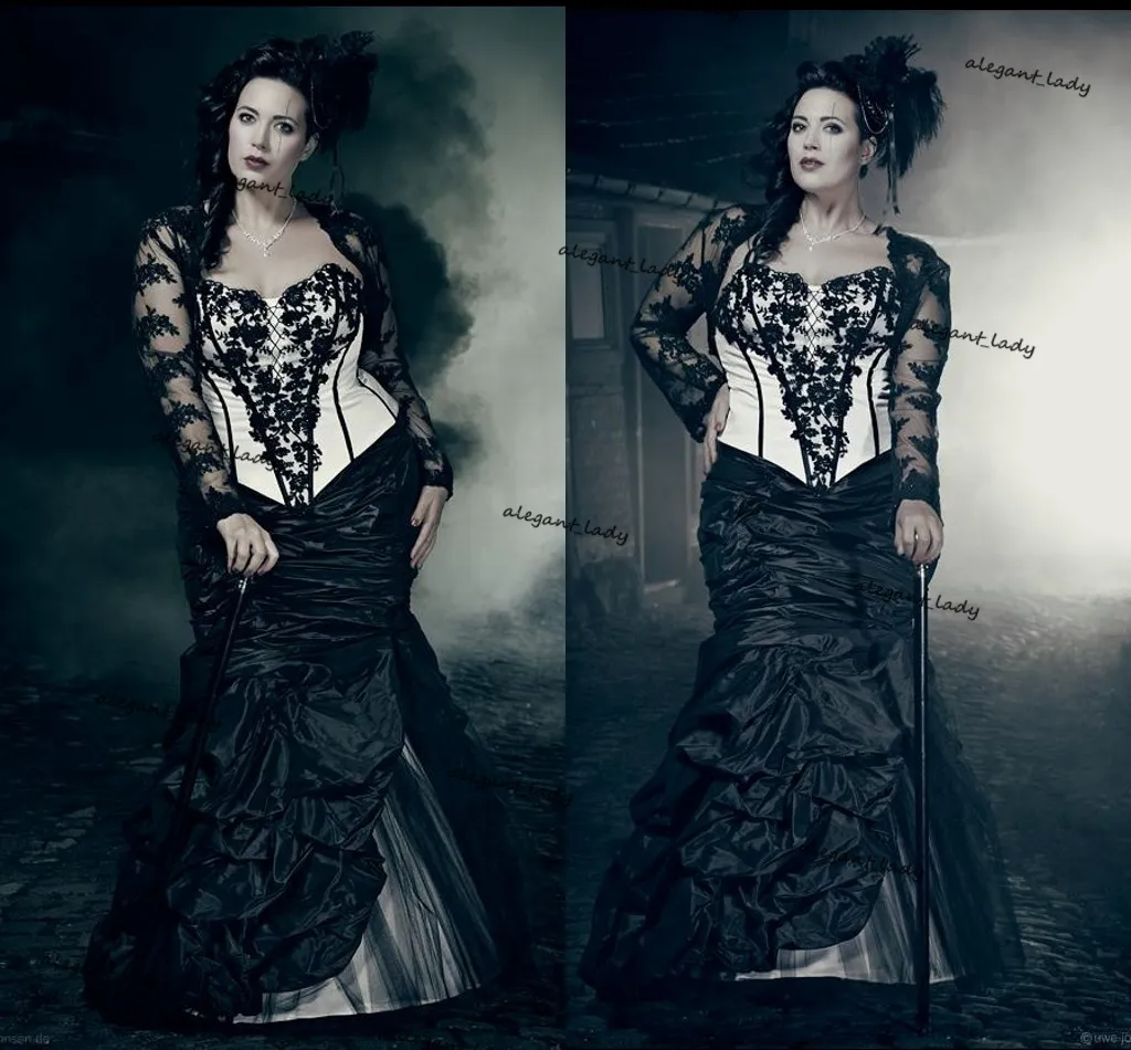 Robes de mariée sirène gothique grande taille avec manches longues vintage noir et blanc à lacets corset robe de mariée médiévale