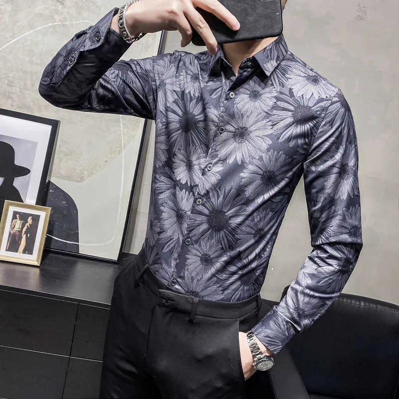 Erkekler için flotal gömlek iş rahat slim fit elbise gömlek moda uzun kollu sosyal parti bluz ofis iş giyim 210527