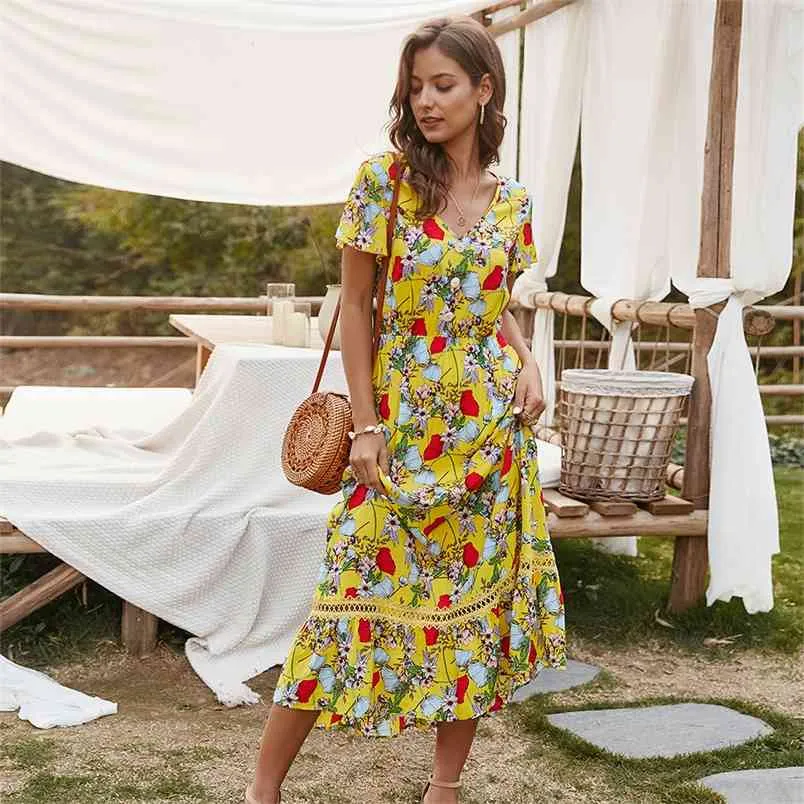 Boho Floral Print Long Dresses Women Split Short Sleeve Summer Casual Streetwear Yellow Maxi Female Vestidos 210517
