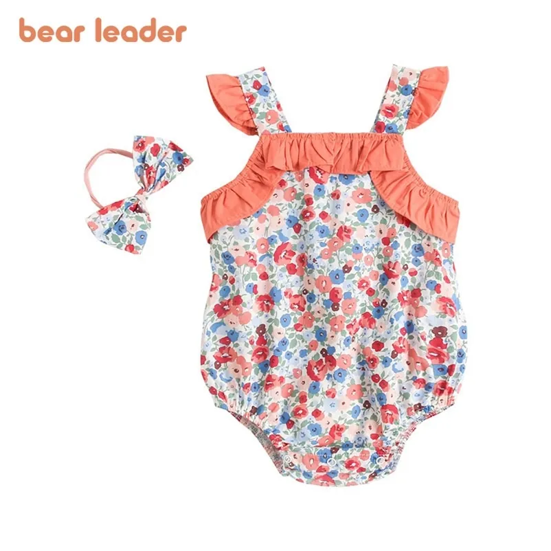 Baby meisje zomer rompertjes met boog hoofdband peuter bloem print kleding zuigeling ruches schattige romper geboren jumpsuits 210429
