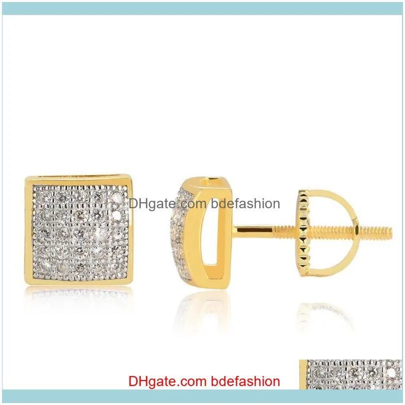 Anti-Allergic Men Women Silver Earrings Yellow Gold Plated Bling Cubic Zirconia LSquare Studs Earrings Jewelry Gift