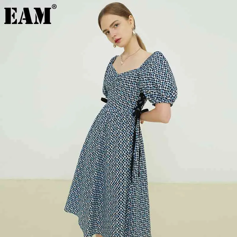 [EAM] femmes bleu imprimé pansement longue robe col carré manches courtes coupe ample mode printemps été 1DD8746 210512