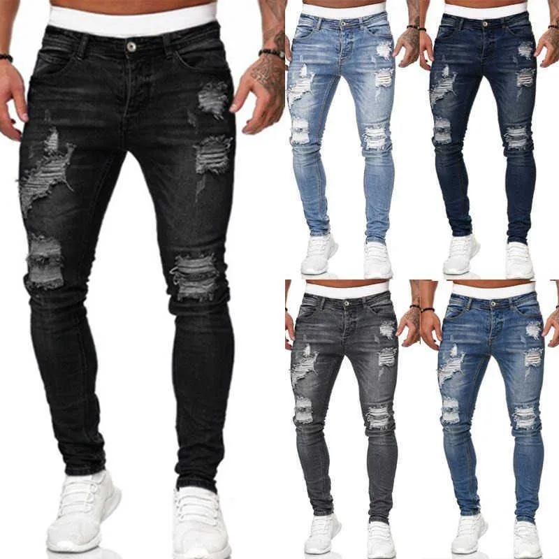 2020 Primavera Skinny Calças Calças de Jeans Masculinos Calças Casuais Verão Outono Macho Rasgado Motociclista Sweatpants Sexy Hole Outwears Calças X0621
