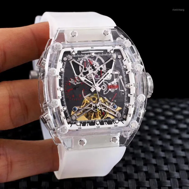 Zegarek na rękę Męskie białe plastikowe szkielet zegarek automatyczny mechaniczny turbillon szafir szklany tylne zegarki
