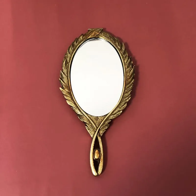 Mirrors Retro Gold Feather Hand-held Mirror Cosmetic Home Decoration European Baroque Style Old Modeling