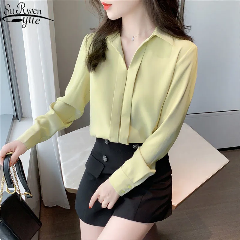 Koreanska stil vit blus kvinnor våren långärmad kontor dam kvinna skjortor chiffong skjorta blusas mujer 13104 210427