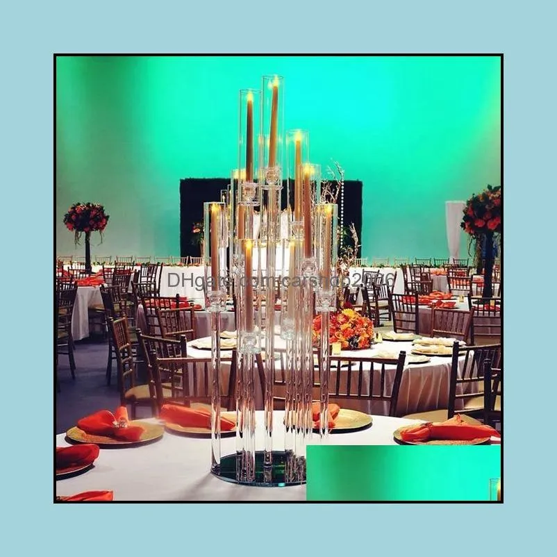 Party Decoration Wholesale 10 Arms Long Stemmed Modern Clear Acrylic Tube Hurricane Crystal Candle Holders Wedding Table Centerpieces