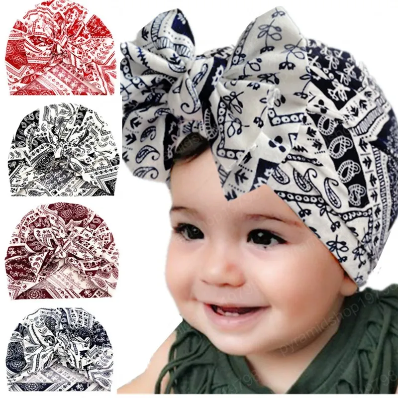 18 * 19 CM Soft Skin-friendly Baby Turban Hat Stampa vintage Bowknot Cappellini per neonato Copricapo neonato Regali per le feste Abbigliamento Decorazione