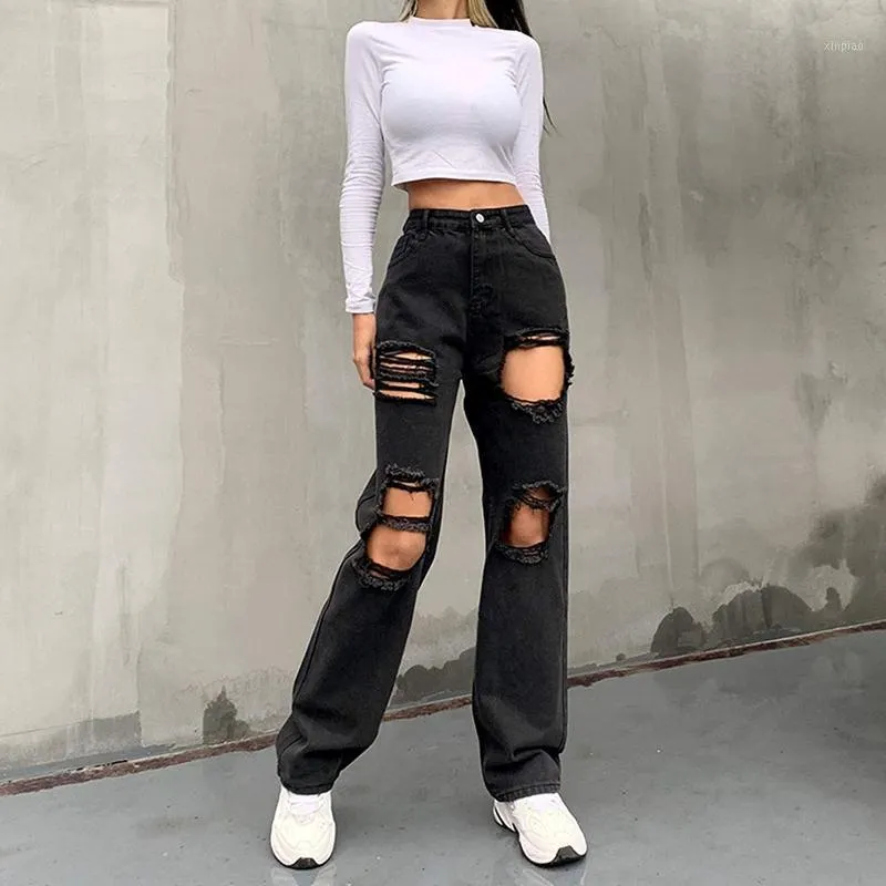 Vintage Black Ripped High Waisted Jeans For Women Baggy Boyfriend