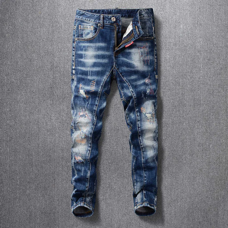Italiensk stil mode män jeans retro blå vintage spliced ​​designer slim passform ripped elastic bomull hip hop biker byxor mu3b