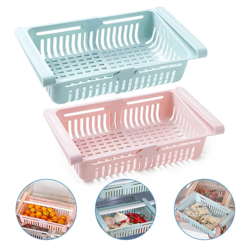 Storage Baskets 1Pcs Refrigerator Organizer Kitchen Accessories Container Adjustable Plastic Fridge Pull-out Drawer