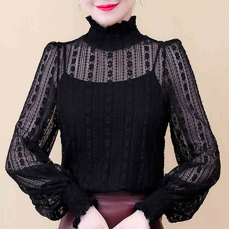 Fashion Woman Blouses Long Sleeve Blouse Women Tops Female Turtleneck Hollow Lace Blouse Shirt Women Clothes Blusas C945 210426