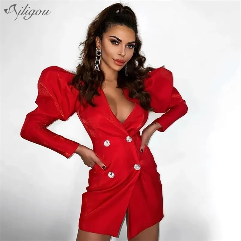 Été femmes robe manches bouffantes col en v Mini Sexy moulante élégante célébrité fête bouton Vestidos 210525