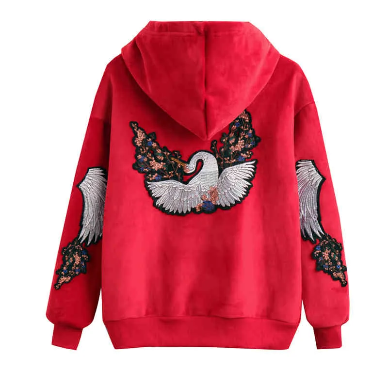 Czarny Red Animal Aplikacja Bluzy Swetry Plus Rozmiar Gruby Polar Zima Casual Crane H0038 210514