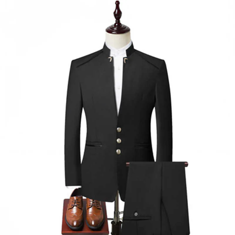 （ジャケット+ベスト+パンツ）男性スーツ中国風スタンド襟スーツ男性の結婚式の新郎スリムフィット段階サイズブレザーセットTuxedo M-5XL x0909