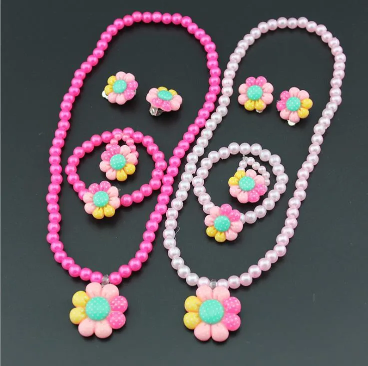Pink Rose Kids Beads Necklace Set With Beads, Flowers, Charms