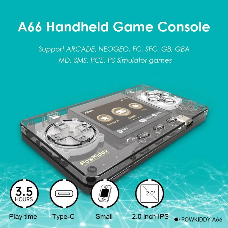Powkiddy A66 휴대용 핸드 헬드 레트로 게임 콘솔 2.0 인치 IPS LCD 콘솔 게임 미니 비디오 게임 기계 플레이어 플레이어