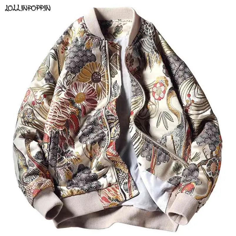Japan stil blommig kran broderi män bombare jacka beige stand collar streetwear varsity baseball coat plus storlek 210819