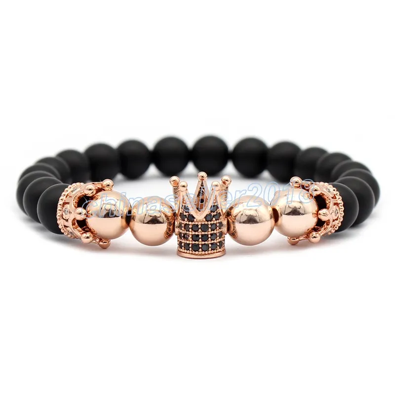 Brins de perles Pave Zircon Couronne Bracelet Charme Hommes À La Main Noir Mat Femmes Tissage Bijoux Pierre Perles Bracelets