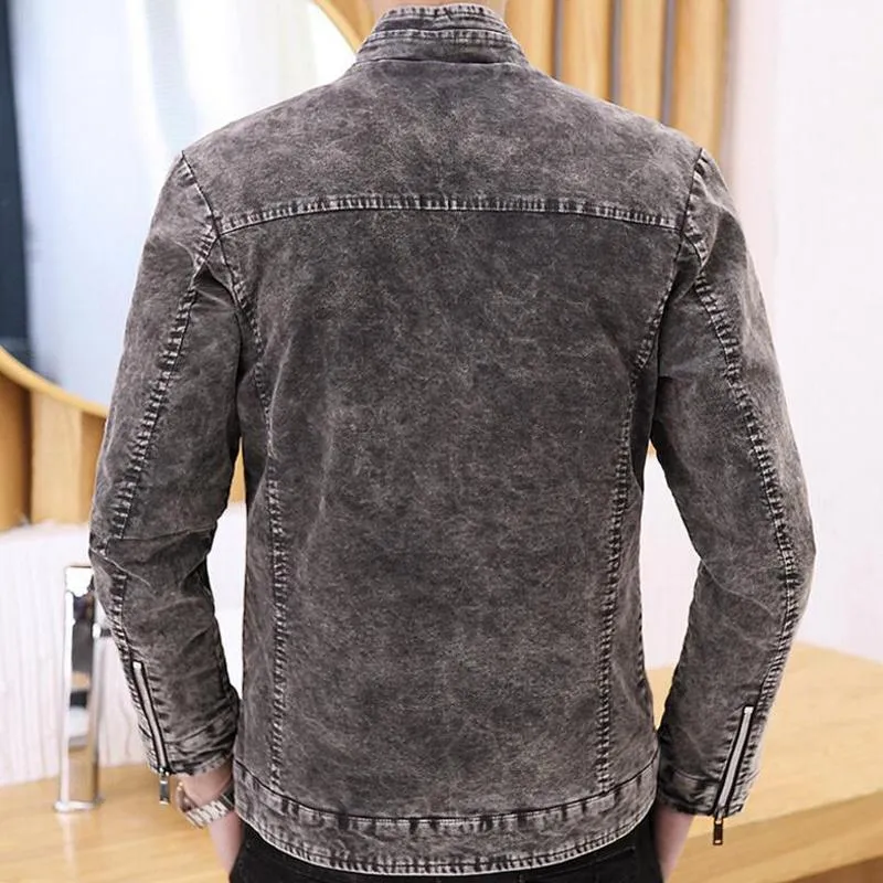 ネット直販店 メンズジャケットレトロデニムジャケット男性ブランドファッションジッパー男性韓国版カジュアルトレンドスリムフィットスタンドカラーコート服 東京販売 安い Macleodtrailpharmacy Com