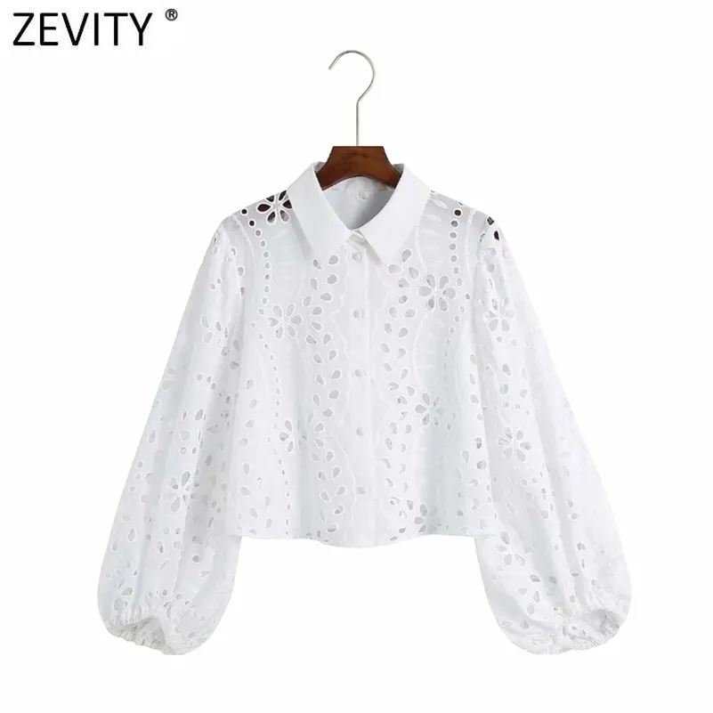Women Sexy Hollow Out Embroidery White Short Smock Blouse Office Lady Lantern Sleeve Casual Shirt Chic Blusas Tops LS9264 210416