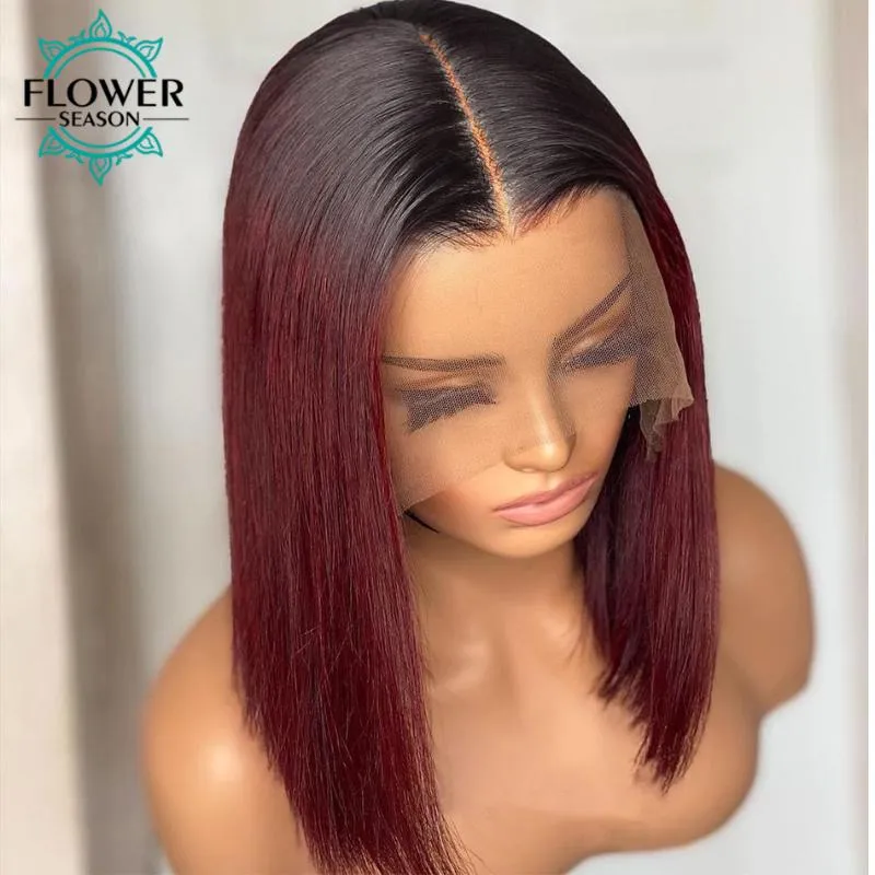 Lace Parykar 1B 99J Burgundy Short Bob Human Hair Wig Brasilian Remy 13x6 HD Front Preplucked Ombre Vin Röd 150% Blommorason