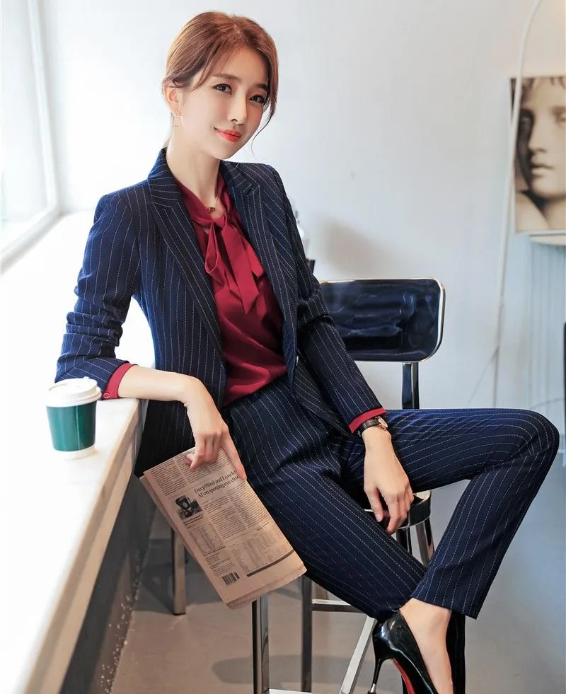 Abiti da donna Blazer Formali Moda a righe Tailleur pantalone da ufficio da donna Donna Business con top e pantaloni Stili OL femminili