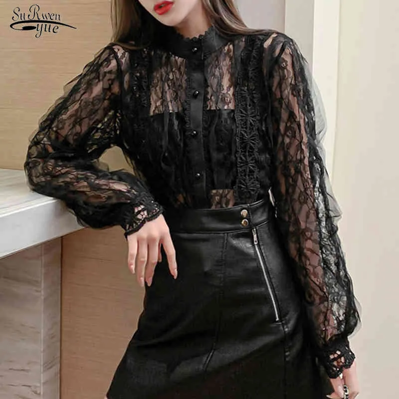 Long Sleeve Women's Blouse Korea Retro Style Romantic Lace Stitching Stand-collar Pearl Button Shirt Top Female 12929 210521